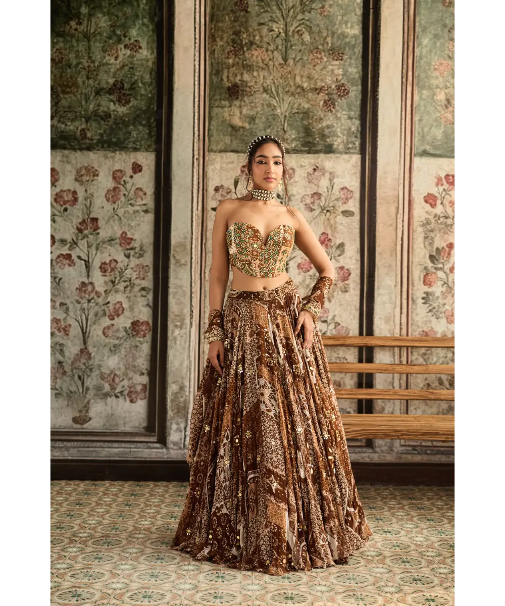 DIYARAJVVIR - Caramel Print and Highlighted Corset Top with Lehenga Set